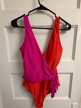 summersalt Two-Tone Pink and Red Wrap One-Piece Swimsuit